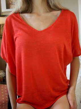 Express Women's Red V-Neck Burnout Dolman Sleeve Mesh Flowy Top / Large